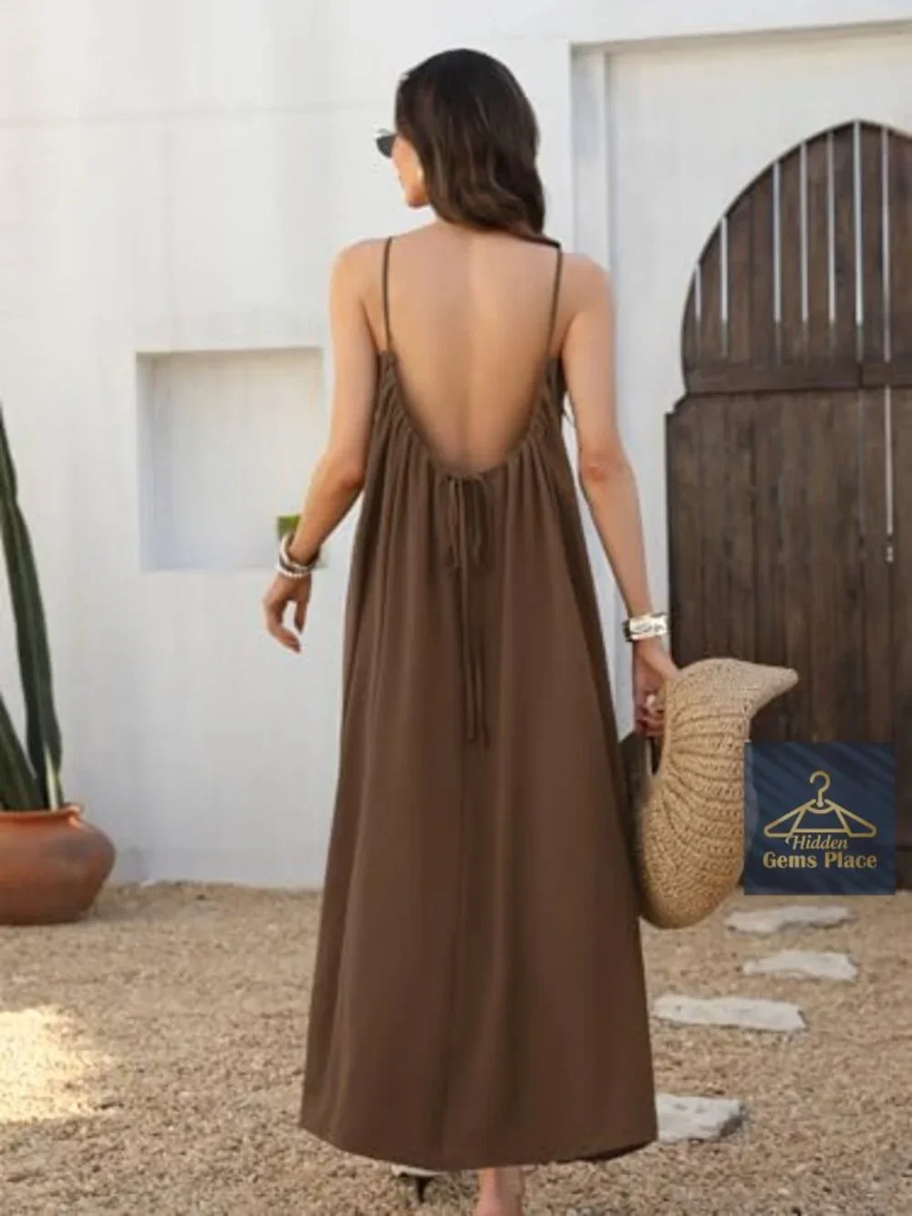 Backless Cami Maxi Sundress - Casual Lounge Dress with Drawstring